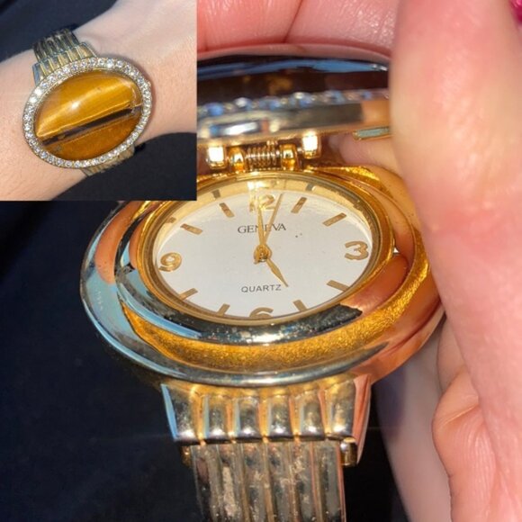 VINTAGE GENEVA Tigers Eye Gemstone bangle Bracelet Cuff watch Quartz Custom - Picture 2 of 16